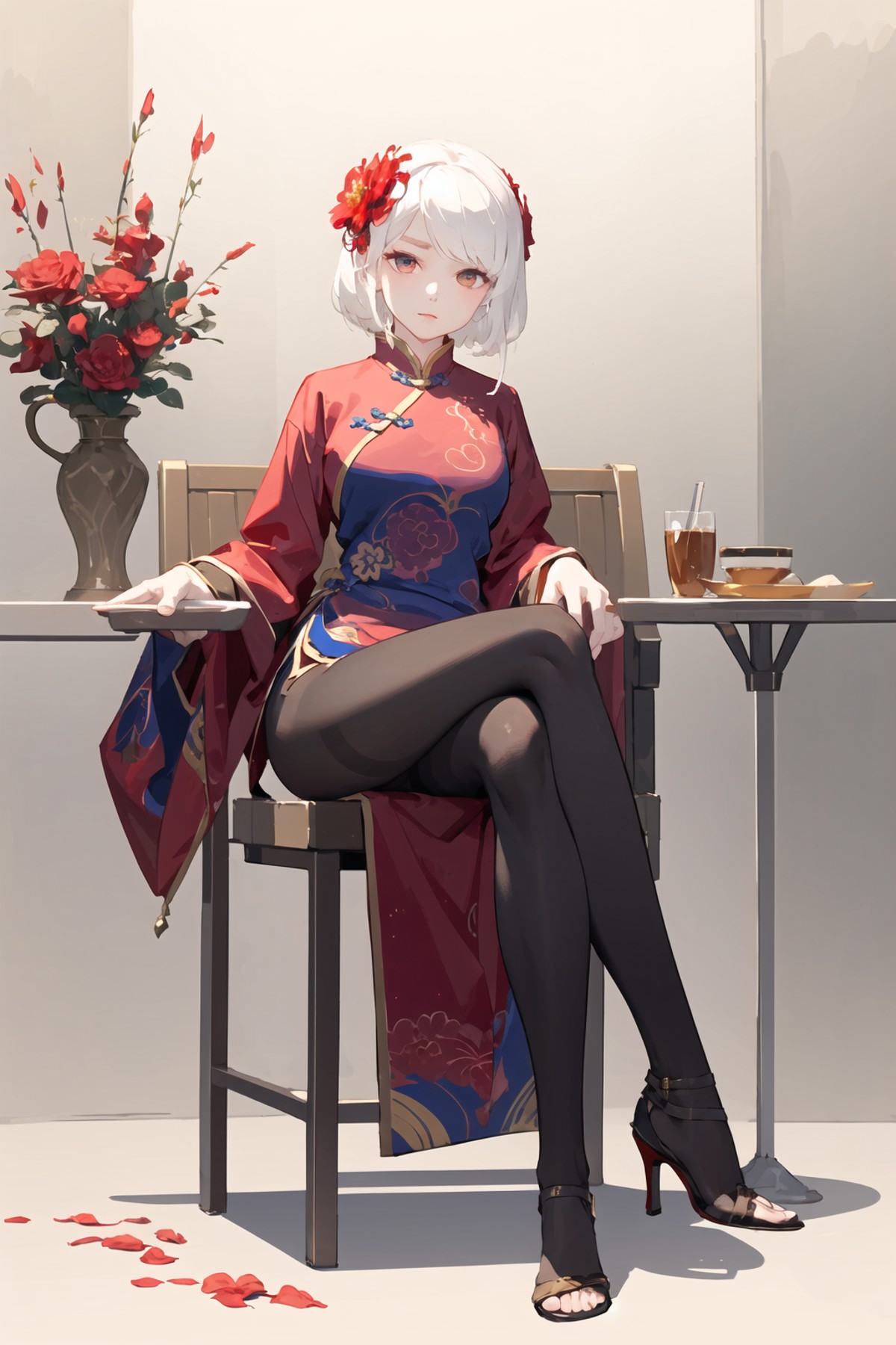 masterpiece,best quality,1girl,pantyhose, <lora:Tianhuo:0.6>high heels, white hair,flowers,crossed legs, chinese clothes,